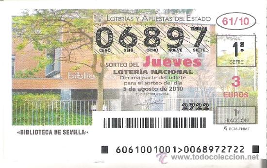 Loterie Nationale: 1 DECIMO LOTERIA DEL JUEVES - 5 AGOSTO 2010 -- 61/10 - BIBLIOTECA DE SEVILLA