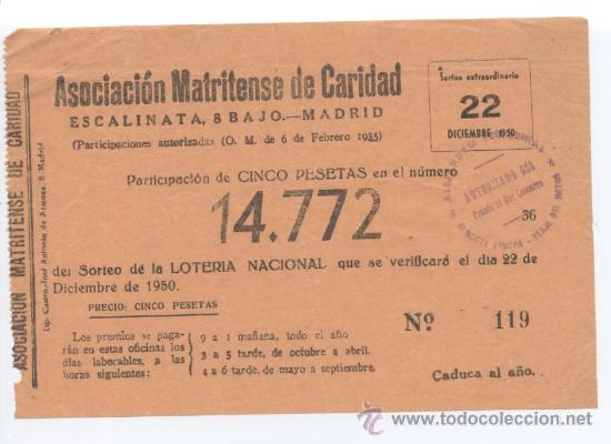 Loter&iacute;a Nacional: PARTICIPACION LOTERIA NACIONAL. SORTEO EXTRAORDINARIO NAVIDA 1950. ASOCIACI&Oacute;N MATRITENSE DE CARIDAD.