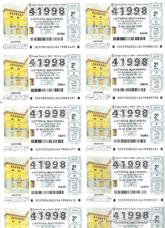National Spanish Lottery: 1 BILLETE LOTERIA DEL SABADO - 10 JUlIO 1999 - 55/99 - MESON DE LA DOLORES - CALATAYUD ( ZARAGOZA )