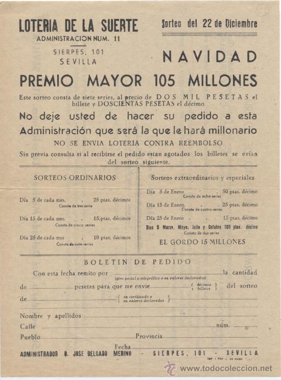 Loter&iacute;a Nacional: PUBLICIDAD DE LOTERIA DE LA SUERTE, JOS&Eacute; DELGADO MERINO. ADMINISTRACI&Oacute;N N&ordm; 11. SEVILLA