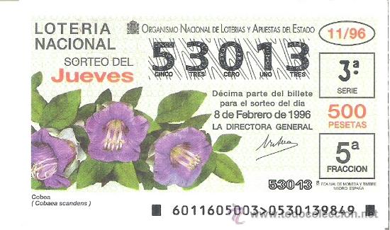 National Spanish Lottery: 1 DECIMO LOTERIA DEL JUEVES - 8 FEBRERO 1996 - 11/96 - FLORES Y PLANTAS - COBEA