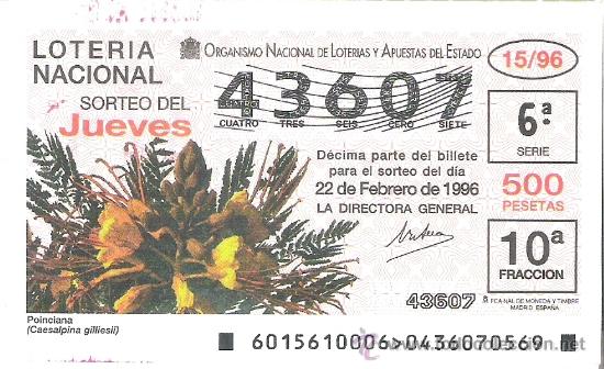 Loterie Nationale: 1 DECIMO LOTERIA DEL JUEVES - 22 FEBRERO 1996 - 15/96 - FLORES Y PLANTAS - POINCIANA