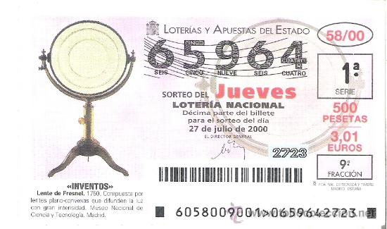 Loterie Nationale: 1 DECIMO LOTERIA DEL JUEVES - 27 JULIO 2000 - 58/00 - INVENTOS - LENTE DE FRESNEL