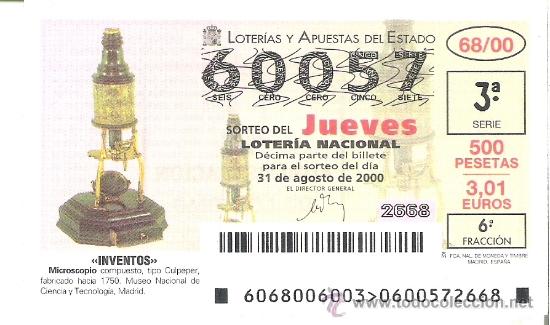 Loterie Nationale: 1 DECIMO LOTERIA DEL JUEVES - 31 AGOSTO 2000 - 68/00 - INVENTOS - MICROSCOPIO