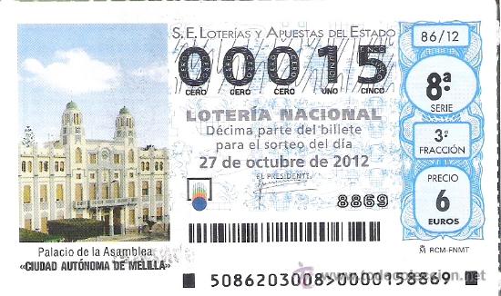 Loterie Nationale: 1 DECIMO LOTERIA DEL SABADO - 27 OCTUBRE 2012 - 86/12 - PALACIO DE LA ASAMBLEA - CIUDAD DE MELILLA