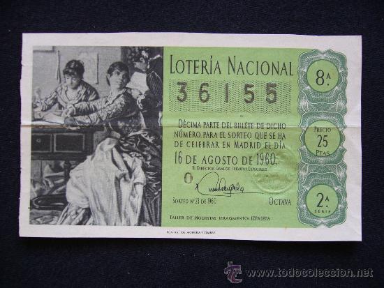 National Spanish Lottery: Loteria Nacional 36155. 16 de agosto de 1960. 8&ordf; Serie 2&ordf;.