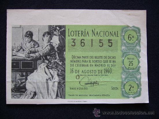 National Spanish Lottery: Loteria Nacional 36155. 16 de agosto de 1960. 6&ordf; Serie 2&ordf;.