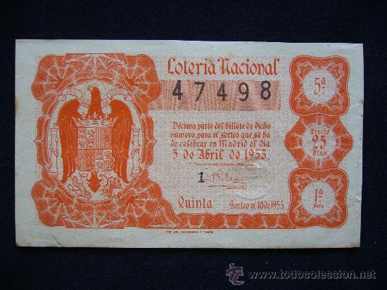 National Spanish Lottery: Loteria Nacional 47498. 5 de Abril de 1955. 5&ordf; Serie 1&ordf;.
