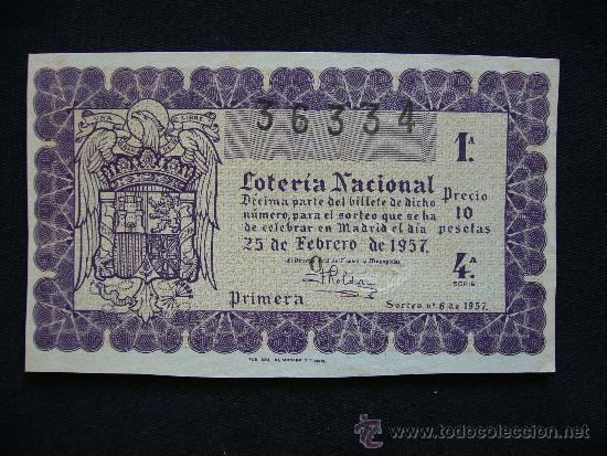 National Spanish Lottery: Loteria Nacional 36334. Sorteo n&ordm;6 de 1957. 1&ordf; Serie 4&ordf;.