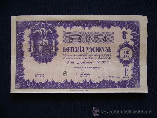Loterie Nationale: Loteria Nacional 53064. Sorteo n&ordm; 33 de 1958. 8&ordf; Serie 1&ordf;.