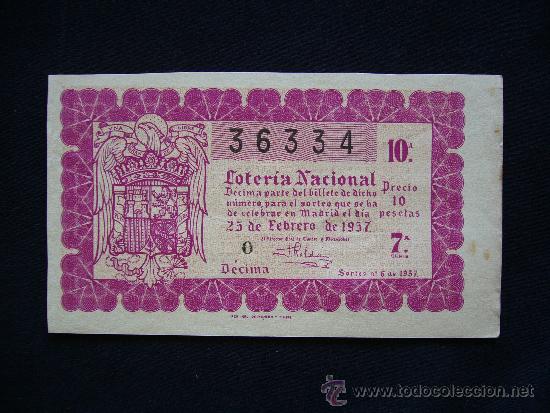 Loterie Nationale: Loteria Nacional 36334. Sorteo n&ordm; 6 de 1957. 10&ordf; Serie 7&ordf;.