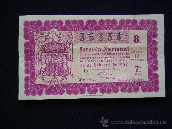 Loterie Nationale: Loteria Nacional 36334. Sorteo n&ordm; 6 de 1957. 8&ordf; Serie 7&ordf;.