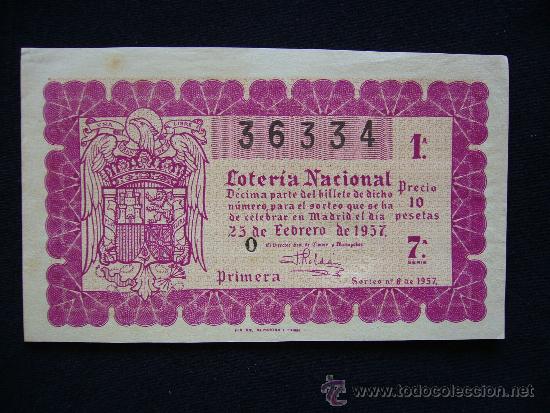 Loter&iacute;a Nacional: Loteria Nacional 36334. Sorteo n&ordm; 6 de 1957. 1&ordf; Serie 7&ordf;.