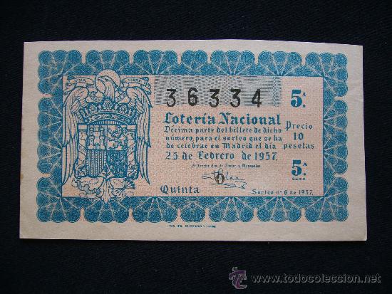 Loterie Nationale: Loteria Nacional 36334. Sorteo n&ordm; 6 de 1957. 5&ordf; Serie 5&ordf;.