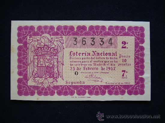 Loterie Nationale: Loteria Nacional 36334. Sorteo n&ordm; 6 de 1957. 2&ordf; Serie 7&ordf;.