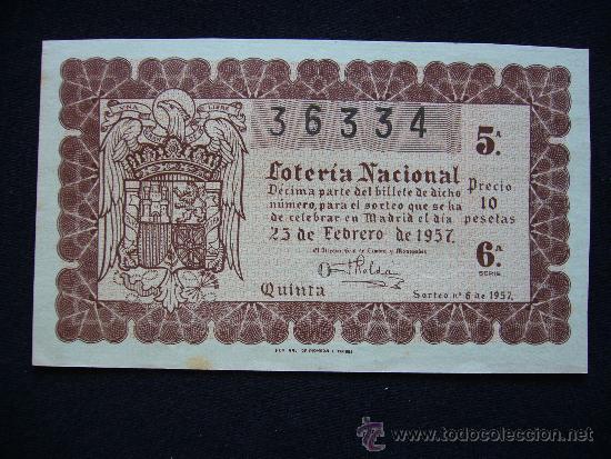 Loter&iacute;a Nacional: Loteria Nacional 36334. Sorteo n&ordm; 6 de 1957. 5&ordf; Serie 6&ordf;.