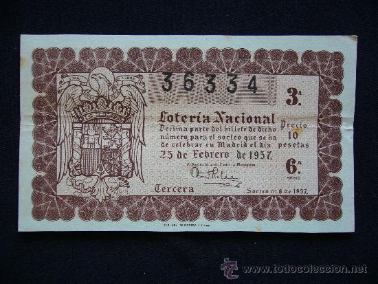 Loterie Nationale: Loteria Nacional 36334. Sorteo n&ordm; 6 de 1957. 3&ordf; Serie 6&ordf;.