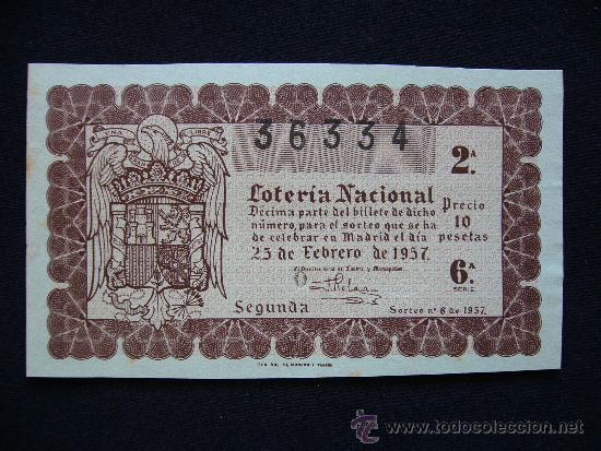 Loterie Nationale: Loteria Nacional 36334. Sorteo n&ordm; 6 de 1957. 2&ordf; Serie 6&ordf;.