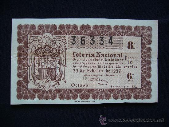 Loter&iacute;a Nacional: Loteria Nacional 36334. Sorteo n&ordm; 6 de 1957. 8&ordf; Serie 6&ordf;.