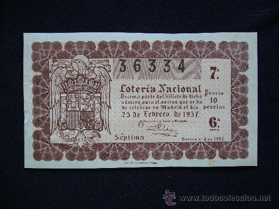 Loter&iacute;a Nacional: Loteria Nacional 36334. Sorteo n&ordm; 6 de 1957. 7&ordf; Serie 6&ordf;.