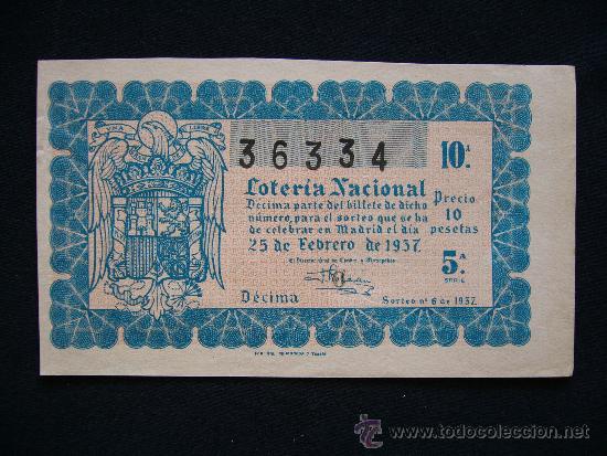 National Spanish Lottery: Loteria Nacional 36334. Sorteo n&ordm; 6 de 1957. 10&ordf; Serie 5&ordf;.