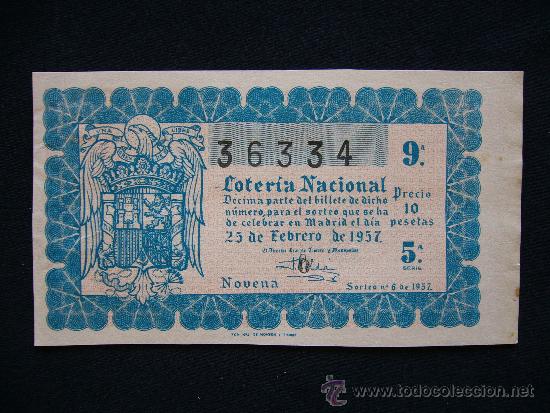 Loterie Nationale: Loteria Nacional 36334. Sorteo n&ordm; 6 de 1957. 9&ordf; Serie 5&ordf;.