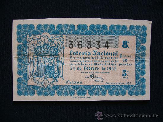 Loterie Nationale: Loteria Nacional 36334. Sorteo n&ordm; 6 de 1957. 8&ordf; Serie 5&ordf;.
