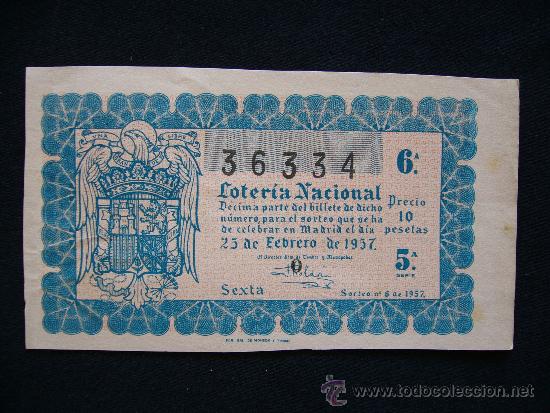 Loter&iacute;a Nacional: Loteria Nacional 36334. Sorteo n&ordm; 6 de 1957. 6&ordf; Serie 5&ordf;.