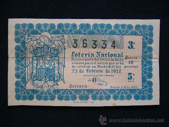 Loter&iacute;a Nacional: Loteria Nacional 36334. Sorteo n&ordm; 6 de 1957. 3&ordf; Serie 5&ordf;.