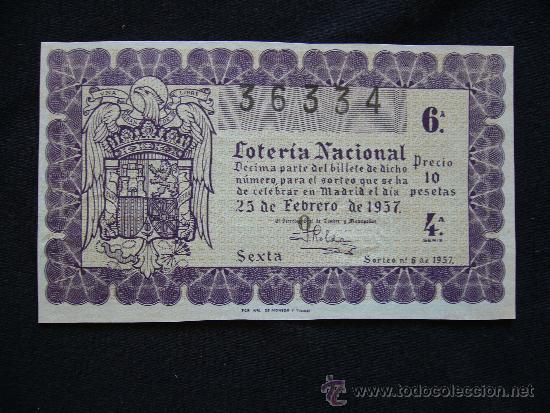 Loterie Nationale: Loteria Nacional 36334. Sorteo n&ordm; 6 de 1957. 6&ordf; Serie 4&ordf;.