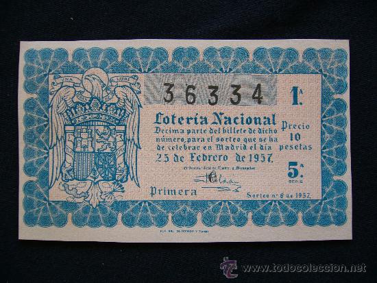 Loterie Nationale: Loteria Nacional 36334. Sorteo n&ordm; 6 de 1957. 1&ordf; Serie 5&ordf;.