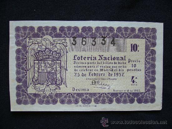 Loter&iacute;a Nacional: Loteria Nacional 36334. Sorteo n&ordm; 6 de 1957. 10&ordf; Serie 4&ordf;.