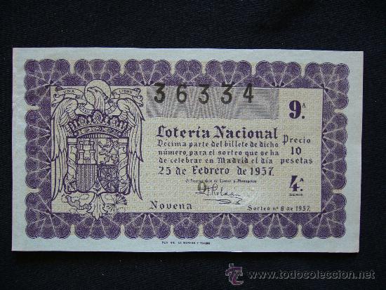 Loter&iacute;a Nacional: Loteria Nacional 36334. Sorteo n&ordm; 6 de 1957. 9&ordf; Serie 4&ordf;.