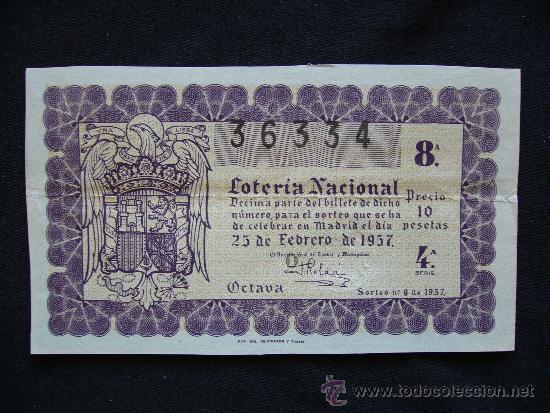 National Spanish Lottery: Loteria Nacional 36334. Sorteo n&ordm; 6 de 1957. 8&ordf; Serie 4&ordf;.