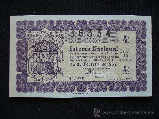 National Spanish Lottery: Loteria Nacional 36334. Sorteo n&ordm; 6 de 1957. 4&ordf; Serie 4&ordf;.