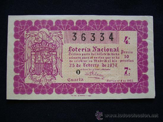 Lotaria Nacional: Loteria Nacional 36334. Sorteo n&ordm; 6 de 1957. 4&ordf; Serie 7&ordf;.