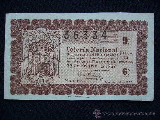 Loterie Nationale: Loteria Nacional 36334. Sorteo n&ordm; 6 de 1957. 9&ordf; Serie 6&ordf;.
