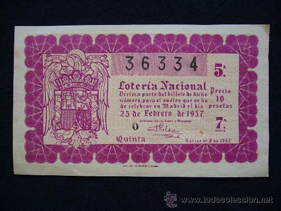 Loterie Nationale: Loteria Nacional 36334. Sorteo n&ordm; 6 de 1957. 5&ordf; Serie 7&ordf;.