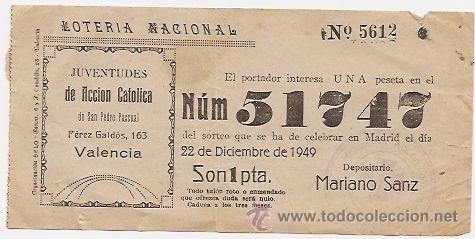Lotaria Nacional: Valencia: juventudes de acci&oacute;n cat&oacute;lica. Participaci&oacute;n de loteria de 1949