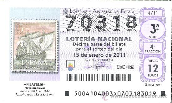 Loterie Nationale: 1 DECIMO LOTERIA DEL SABADO - 15 ENERO 2011 - 4/11 - FILATELIA - SELLOS - SELLO 1964 NAVE MEDIEVAL