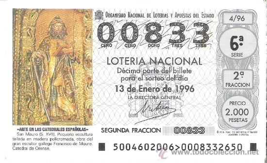 Loterie Nationale: 1 DECIMO LOTERIA DEL SABADO - 13 ENERO 1996 - 4/96 - SAN MAURO - CATEDRAL DE ORENSE