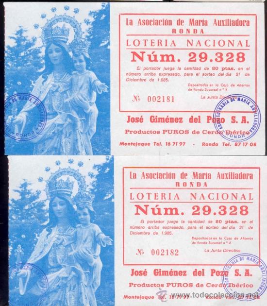 Loter&iacute;a Nacional: PARTICIPACIONES LOTERIA NACIONAL - LA ASOCIACION DE MARIA AUXILIADORA - RONDA -21/12/1985