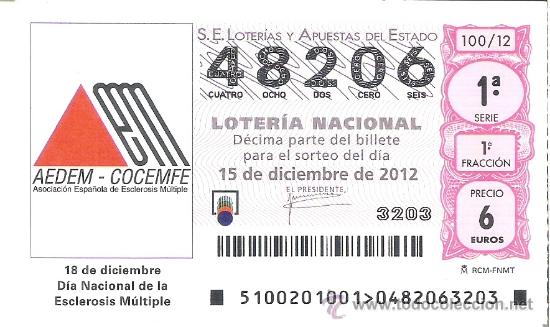 Loterie Nationale: 1 DECIMO LOTERIA DEL SABADO - 15 DICIEMBRE 2012 - 100/12 - AEDEM - COCEMFE DIA ESCLEROSIS MULTIPLE