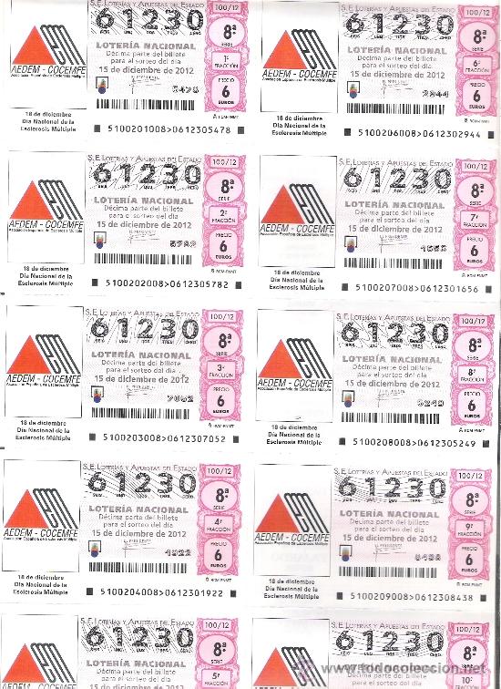 Loterie Nationale: 1 BILLETE LOTERIA DEL SABADO  15 DICIEMBRE 2012 - 100/12 - AEDEM - COCEMFE DIA ESCLEROSIS MULTIPLE S