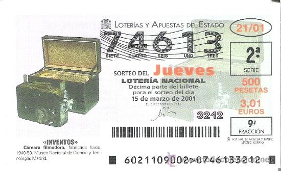 Nationale spanische Lotterie: 1 DECIMO LOTERIA DEL JUEVES - 15 MARZO 2001 - 21/01 - INVENTOS - CAMARA FILMADORA O DE VIDEO