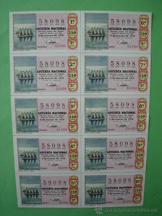 Nationale spanische Lotterie: BILLETE COMPLETO DE LOTERIA NACIONAL A&Ntilde;O , 5 DE MARZO DE 1970 SORTEO 7/70