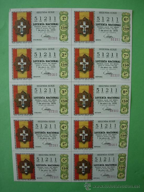Nationale spanische Lotterie: BILLETE COMPLETO DE LOTERIA NACIONAL A&Ntilde;O , 7 DE ABRIL DE 1970 SORTEO 10/70