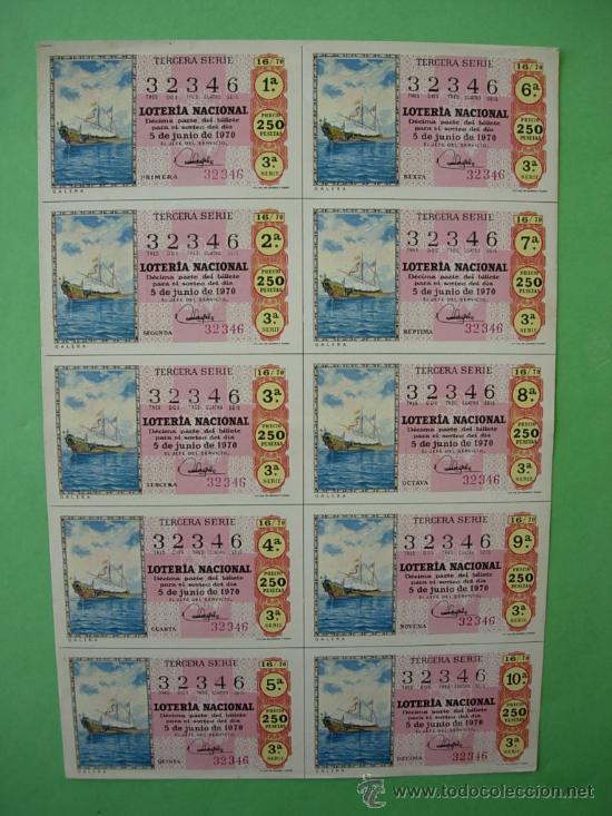 Nationale spanische Lotterie: BILLETE COMPLETO DE LOTERIA NACIONAL A&Ntilde;O , 5 DE JUNIO DE 1970 SORTEO 16/70