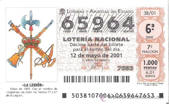National Spanish Lottery: 1 DECIMO LOTERIA DEL SABADO - 12 MAYO 2001 - 38/01 - LA LEGION