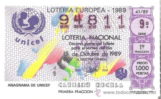 Lotaria Nacional: 1 DECIMO LOTERIA DEL SABADO - 15 OCTUBRE 1989 - 41/89 - ANAGRAMA DE UNICEF